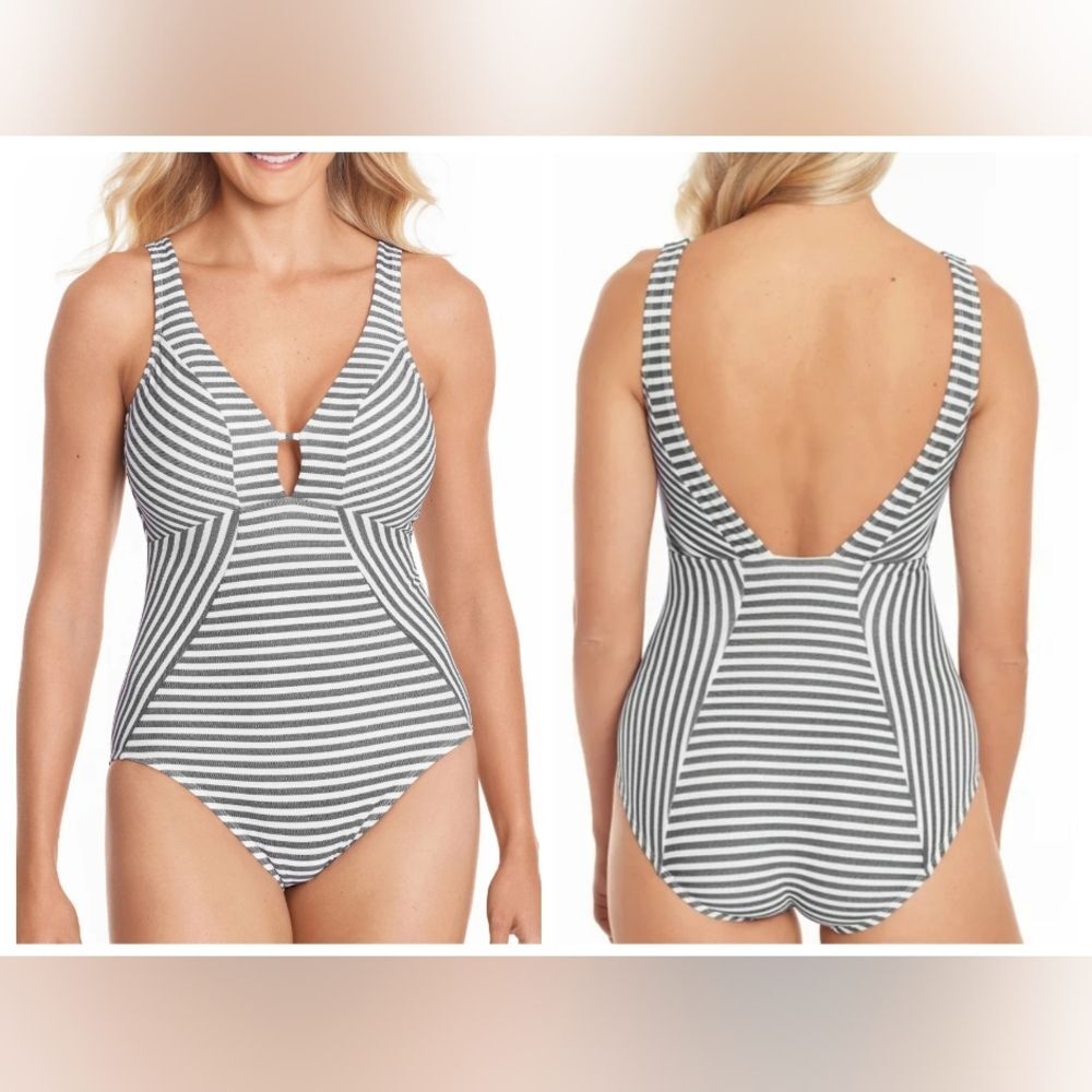 Time and Tru White and Gray One Piece Swimsuit with Plunging V-Neck, Size 1XL